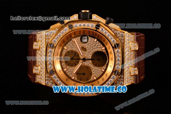 Audemars Piguet Royal Oak Offshore Chronograph Swiss Valjoux 7750 Automatic Yellow Gold/Diamonds Case with Diamonds Dial and Brown Leather Strap (NOOB) - Click Image to Close